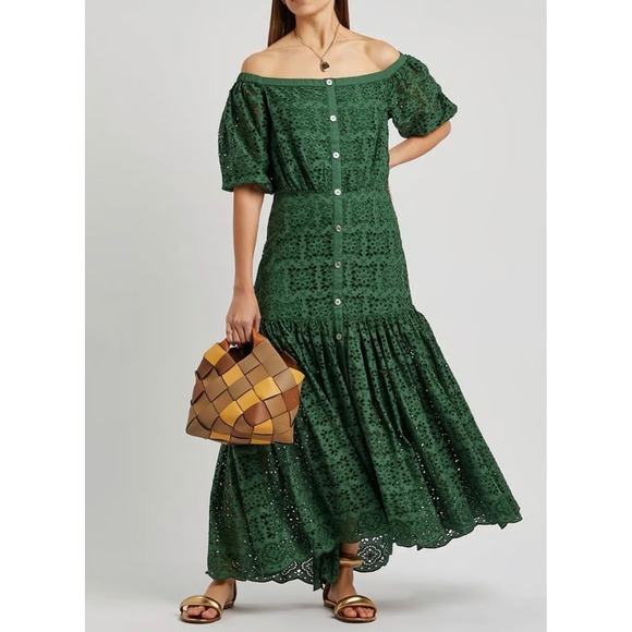 Veronica Beard Dresses & Skirts - Veronica Beard Green Eyelet Cotton Midi Dress Puff Sleeve Button Front Size‎ 10
